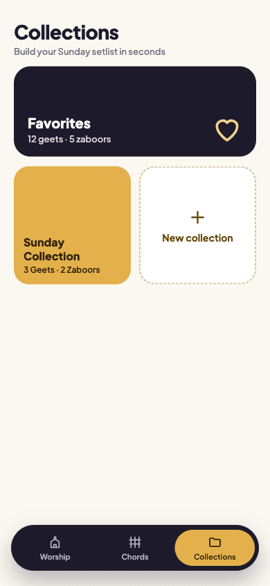 GeetManzil collections screen with favorites and Sunday setlist